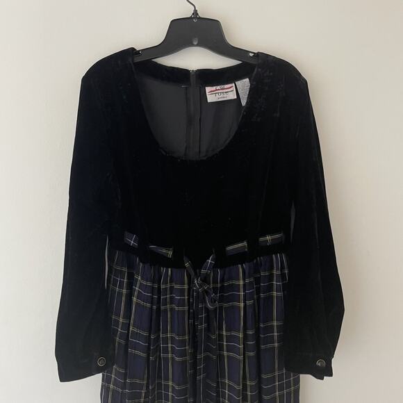 Vintage 90s Velvet Plaid Midi Dress Grunge Dark Academia Holiday M Petite - Picture 4 of 11